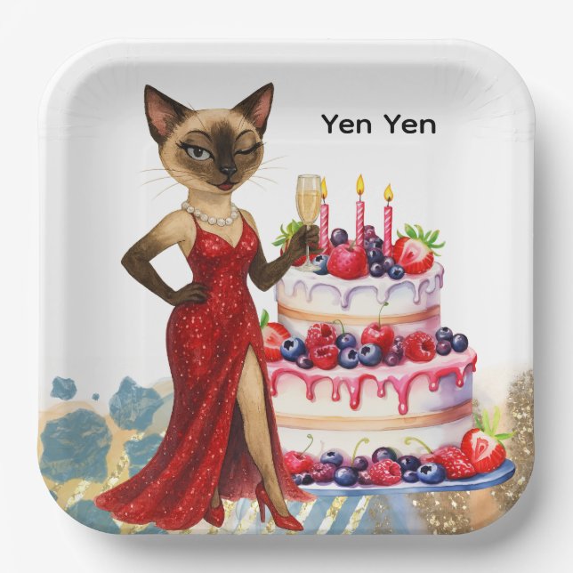 Cat with Big Birthday Cake  Paper Plate (Front)