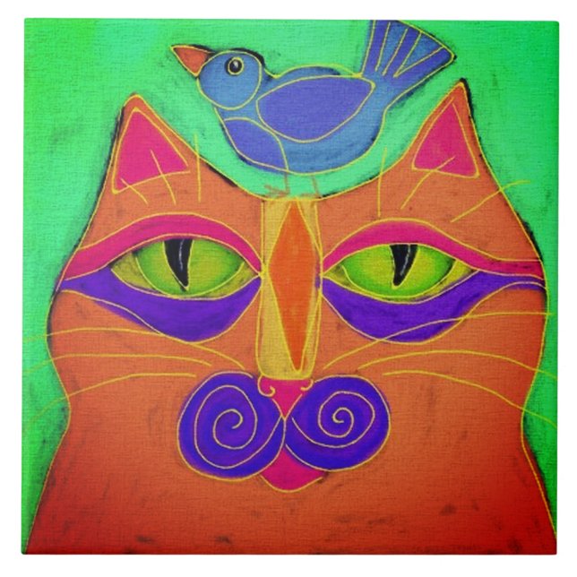 Cat with Bird on Head Abstract Painting Ceramic Tile (Front)
