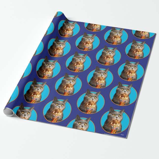 Cat With Birthday Shot Glass Wrapping Paper (Unrolled)