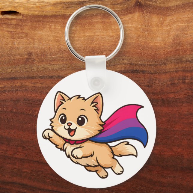 Cat with Bisexual Pride Cape – Cute Bi Design Key Ring (Front)