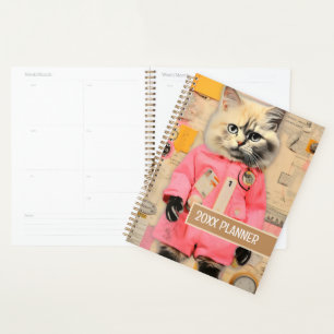Cat with black paws and pink outfit collage planner