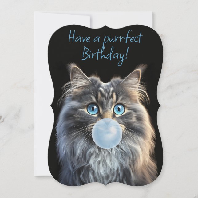 Cat with blue eyes blowing a blue bubble gum card (Front)