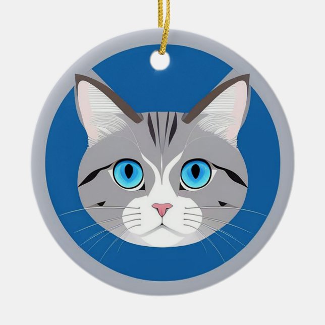 Cat With Blue Eyes Ceramic Ornament (Front)