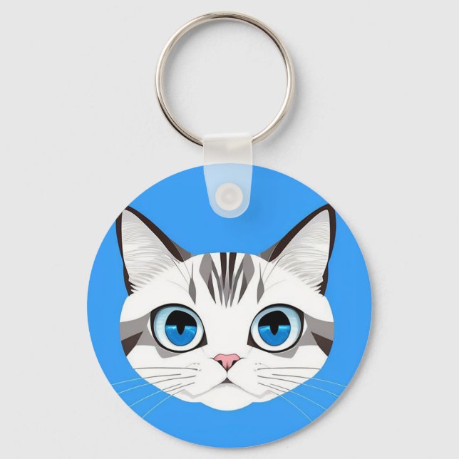Cat With Blue Eyes Over a Bright Blue Background Key Ring (Front)