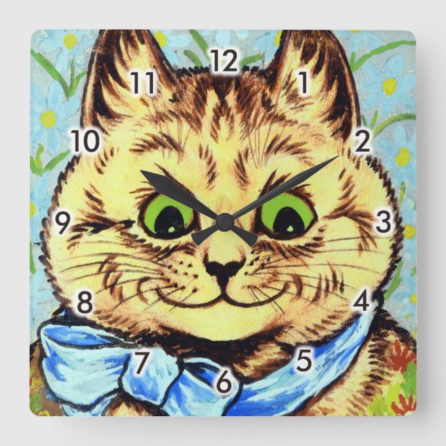 Cat with Blue Ribbon, Louis Wain Square Wall Clock (Front)