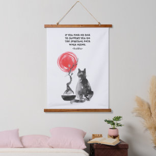 Cat with Bonsai and Buddha Quote Hanging Tapestry