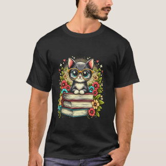 Cat With Books & Flowers For Cute Cat & Book Lover T-Shirt