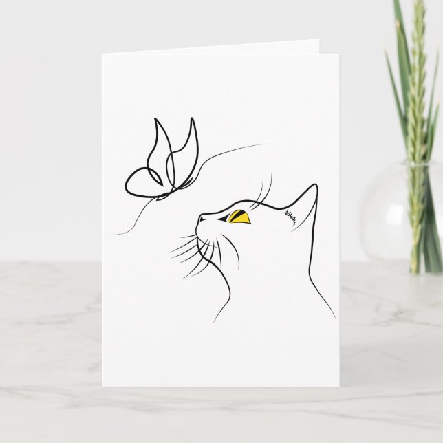 Cat With Butterfly Abstract Minimalistic Lineart Holiday Card (Front)