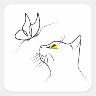 Cat With Butterfly Abstract Minimalistic Lineart Square Sticker