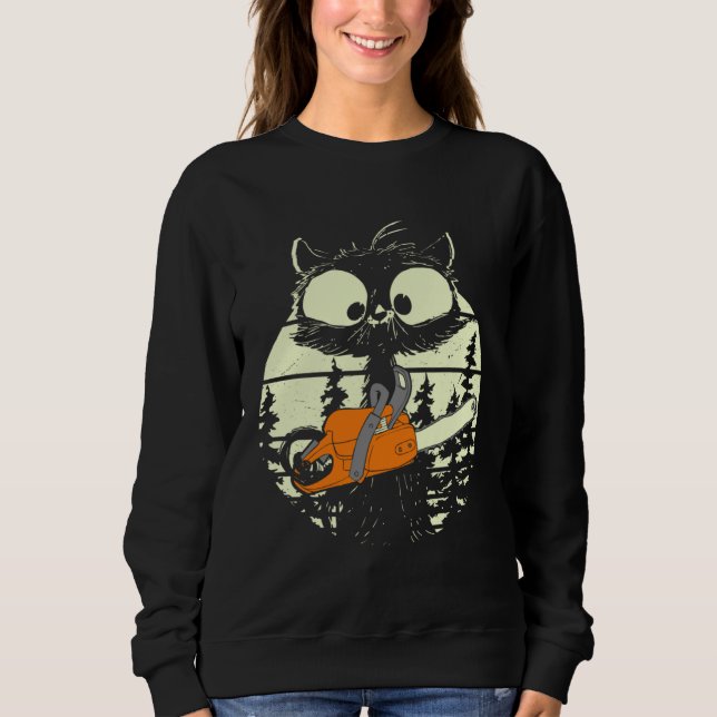 Cat With Chainsaw Cute Lumberjack Forester Cat Sweatshirt (Front)