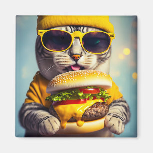 CAT WITH CHEESEBURGER FUNNY FRIDGE Magnet