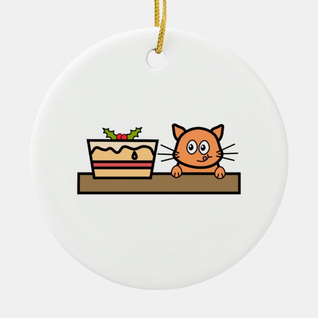Cat with Christmas Cake. Ceramic Ornament (Front)