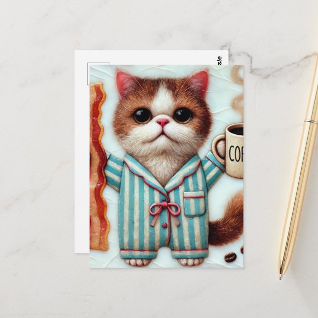 Cat with Coffee and Bacon Postcard (Front/Back In Situ)
