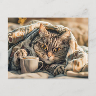 Cat with coffee and book in cosy blanket holiday postcard