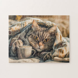 Cat with coffee and book in cosy blanket jigsaw puzzle