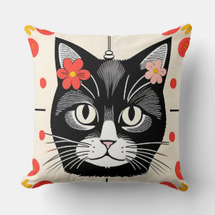 Cat With Colorful Flowers and Graphic Elements Cushion