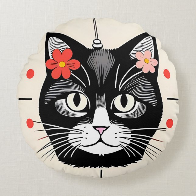 Cat With Colourful Flowers and Graphic Elements Round Cushion (Front)