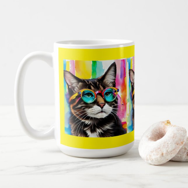 Cat with Colourful Reading Glasses  Coffee Mug (With Donut)
