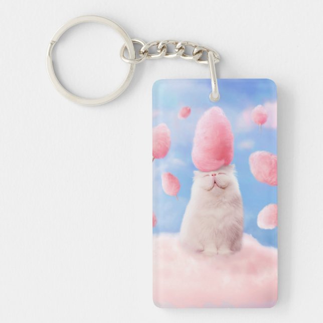 Cat With Cotton Candy Hair Key Ring (Front)