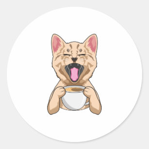 Cat with cup of coffee classic round sticker