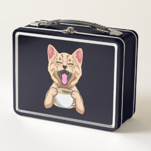 Cat with cup of coffee metal lunch box