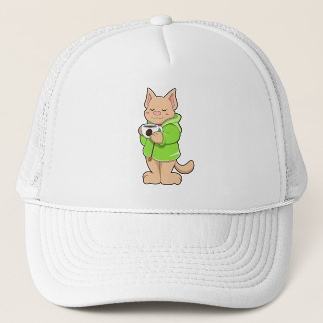 Cat with Cup of Coffee & Pyjamas Trucker Hat (Front)