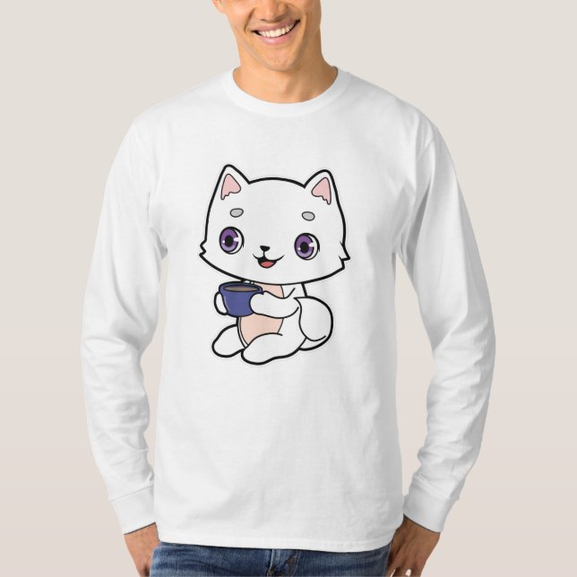 Cat with Cup of Coffee T-Shirt (Front)