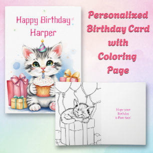 Cat with Cupcake Coloring Page Birthday Card