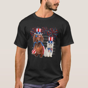 Cat With Dachshund Sunglasses American Flag 4th Of T-Shirt