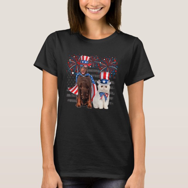 Cat With Dobermann Sunglasses American Flag 4th Of T-Shirt (Front)