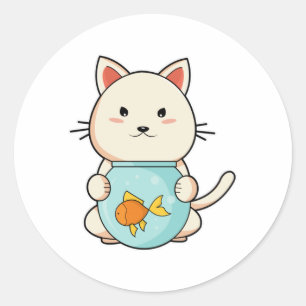 Cat with Fish in Glass Classic Round Sticker