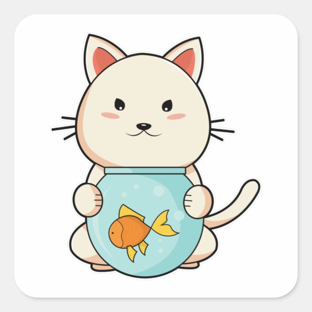 Cat with Fish in Glass Square Sticker (Front)