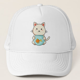 Cat with Fish in Glass Trucker Hat
