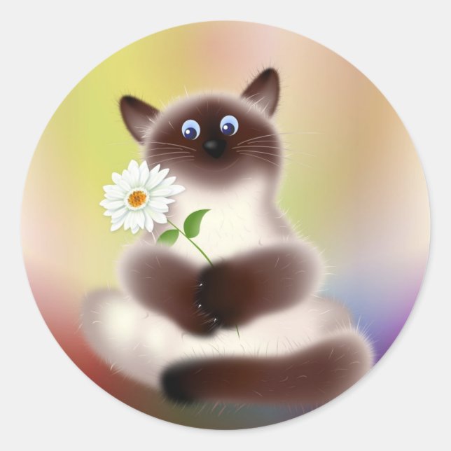 Cat with Flower Classic Round Sticker (Front)