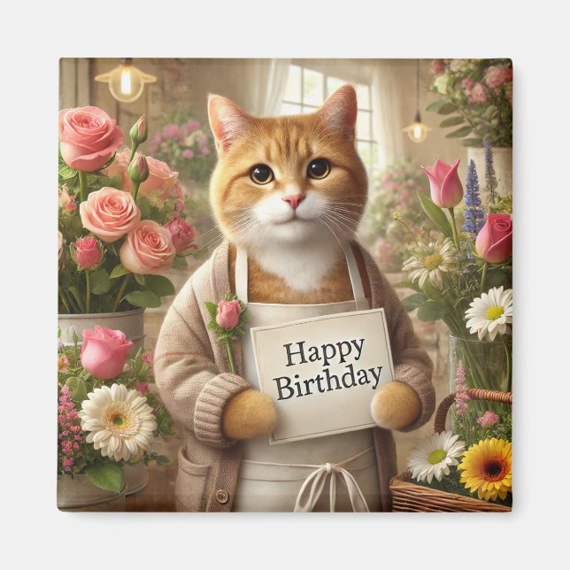 Cat with flower Happy Birthday sign  Magnet (Front)