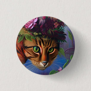 cat with flower hat art 3 cm round badge
