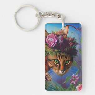 cat with flower hat art key ring
