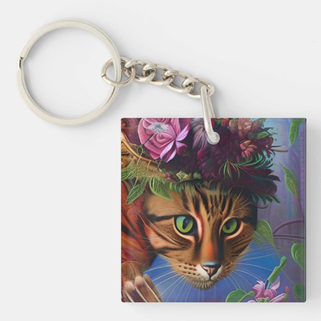 cat with flower hat art    key ring (Front)