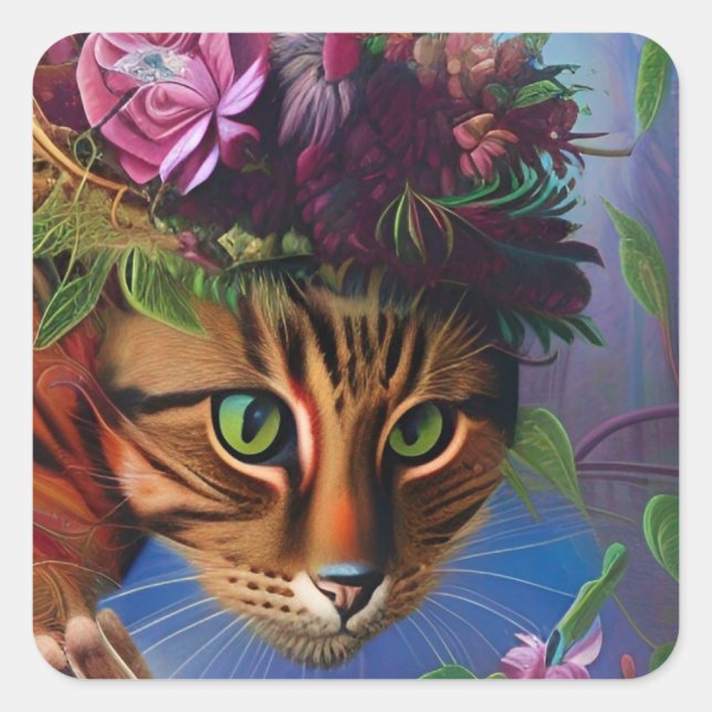 cat with flower hat art  square sticker (Front)