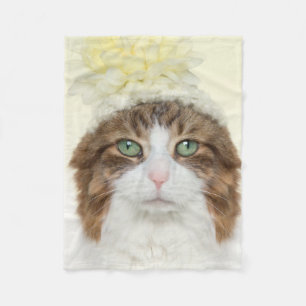 Cat With Flower Hat Fleece Blanket