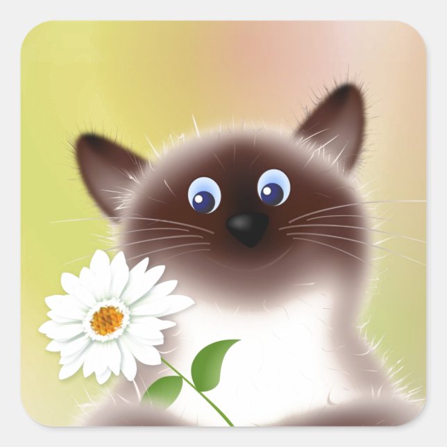 Cat with Flower Square Sticker (Front)