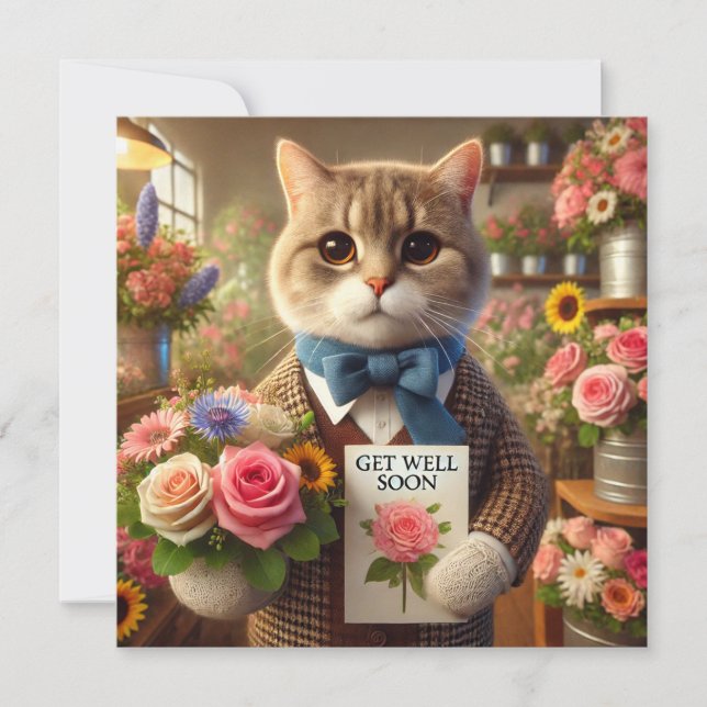 Cat with flower with Get well Soon Card (Front)