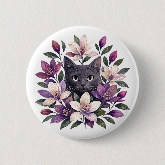 Cat with Flowers 6 Cm Round Badge (Front)