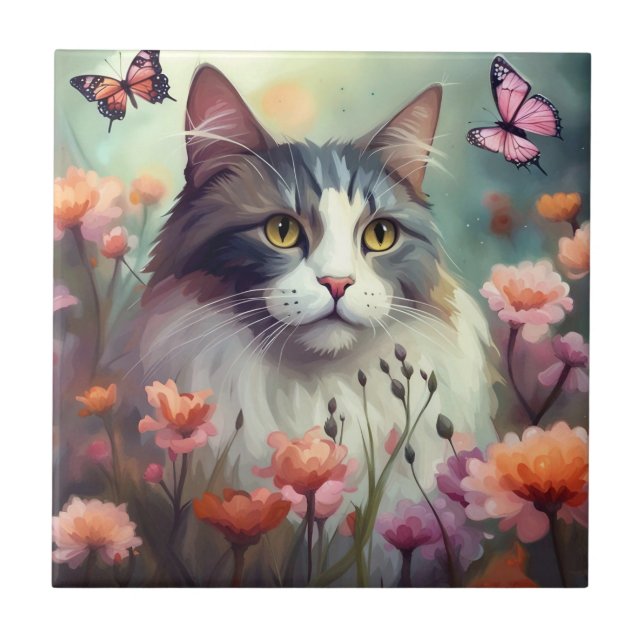 Cat with flowers and butterflies AI Cat 701 Ceramic Tile (Front)
