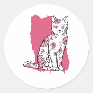 Cat with Flowers Classic Round Sticker