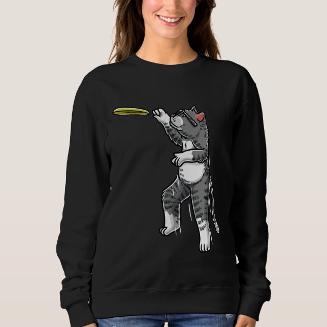Cat With Flying Frisbee Disc Golf Frisbee Player T Sweatshirt (Front)