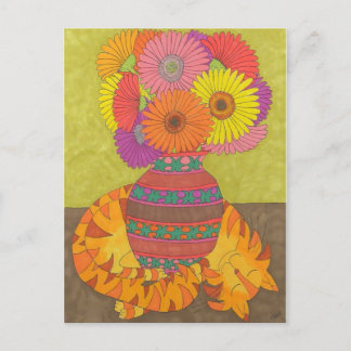 Cat with Gerbera Daisies in Talavera Vase Postcard