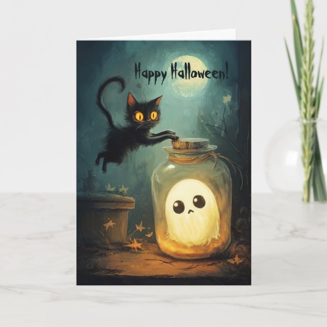 Cat with Ghost in a Jar Thank You Card (Front)