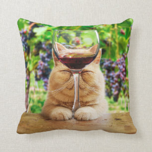 Cat With Glass of Wine Cushion