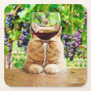 Cat With Glass of Wine Square Paper Coaster